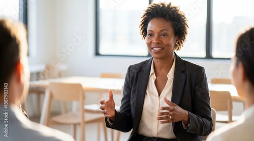 Confident businesswoman speaking in light filled modern meeting room with attentive colleagues, smiling and using hand gestures to explain idea, professional communication and leadership