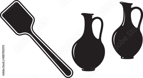 Black and white illustration of a spoon and two vases