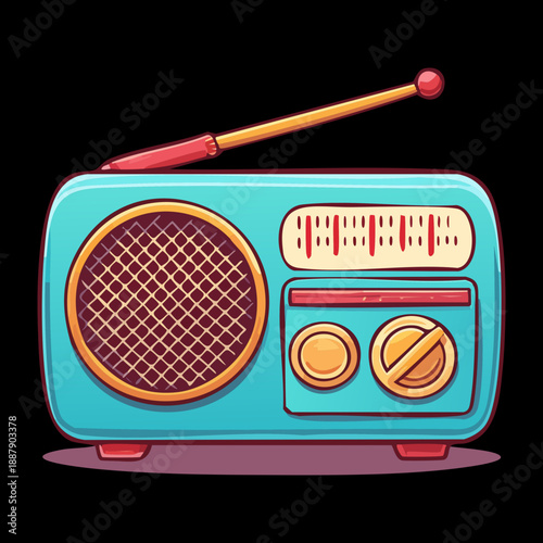 Vintage blue radio with antenna and dial buttons for retro music Graphic Asset