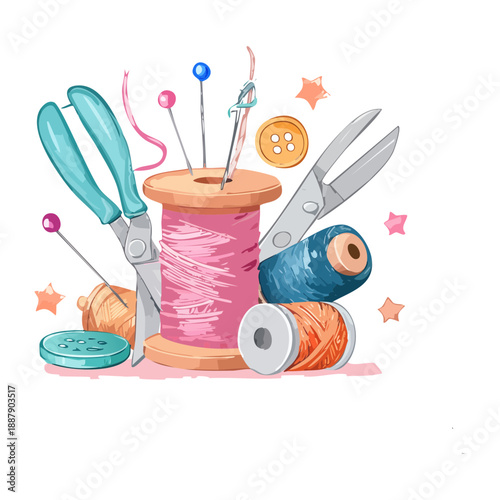 Creative sewing equipment with scissors and colorful spools of thread as a craft design Graphic Asset