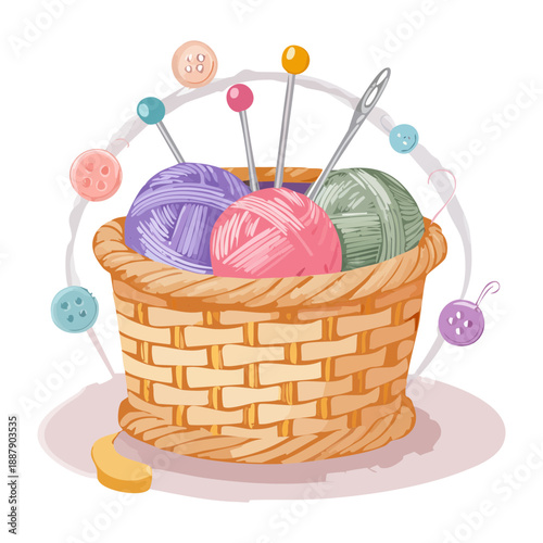 Detailed sewing basket with knitting supplies and colorful yarn as a handmade hobby Graphic Asset