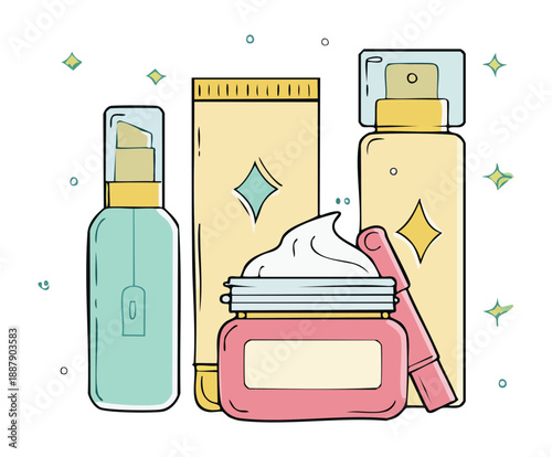 Set of skincare and beauty products for daily feminine self care Graphic Asset
