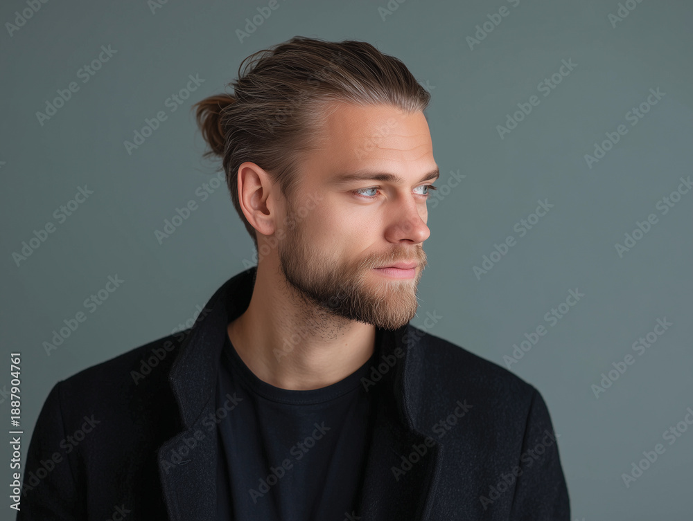 Obraz premium Young man with beard and tied hair wearing black coat looking away thoughtfully on gray background
