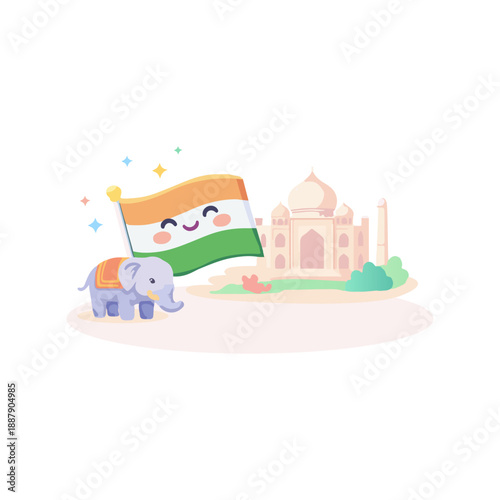 India National Symbols Cute Illustration With Flag Elephant And Taj Mahal. Indian Culture Vector Design Featuring Tricolor Flag Famous Monument And Traditional Elephant