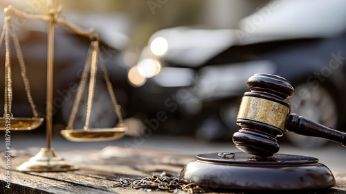 Gavel, scale, and car wreck evoke wrongful death legal claim and pursuit of civil justice.