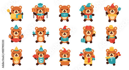 Collection of Cute Cartoon Bear Characters in Various Costumes