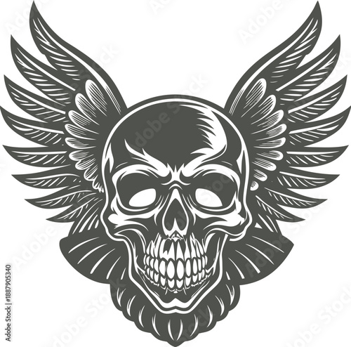 Skull with wings on black background with crossbones symbol