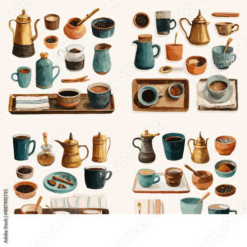 Vintage coffee and tea set illustration with cups kettles mugs pots and trays. Cozy kitchen drinkware collection inspired by classic cafe culture.