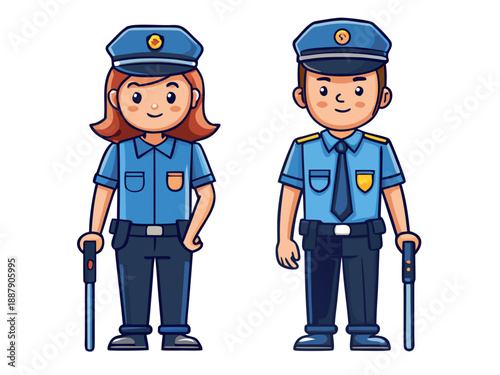Vector flat illustration set of line art female and male security guards in uniform poses