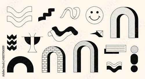 A collection of various black and gray abstract shapes and symbols displayed on a neutral background from a straightforward viewpoint