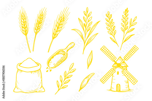 Minimal wheat grain icon set, Black cereal plant silhouette vector illustration