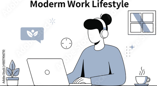 Modern work lifestyle vector illustration of freelancer working on laptop with headphones at home office desk for remote business concept