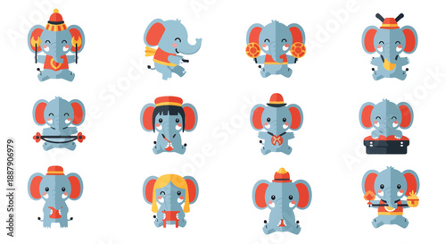 Set of Flat Circus Elephant Characters