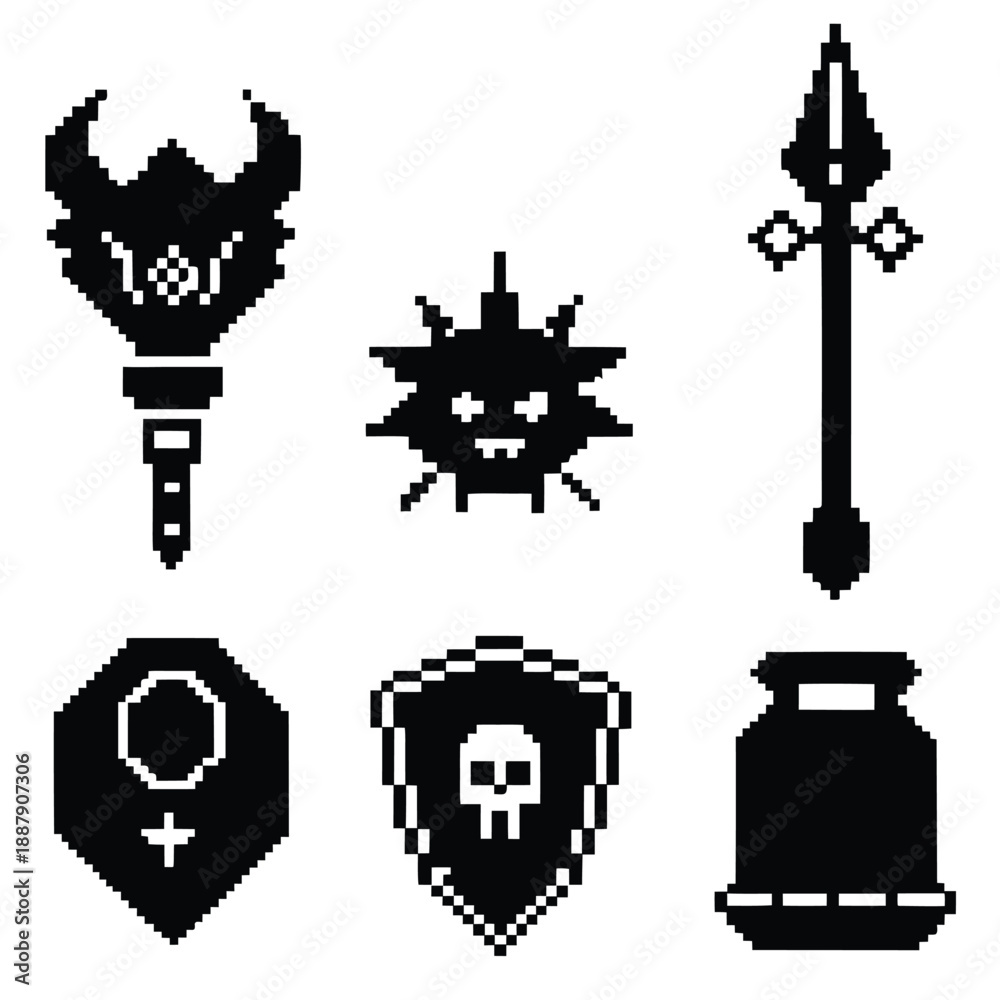 Fototapeta premium Pixel Art 1-Bit Shield Armor and Power Icon Set
