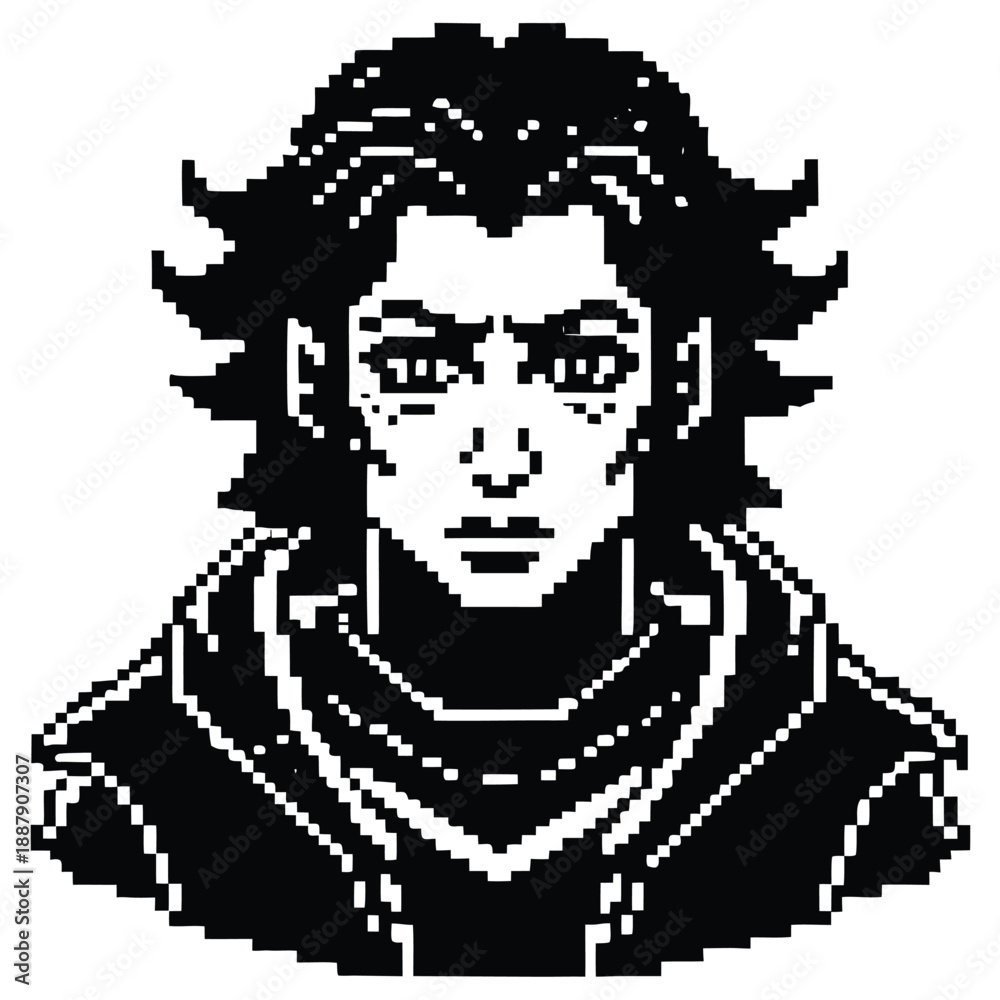 Obraz premium Pixel Art 1-Bit Detailed Hooded Man Face Portrait