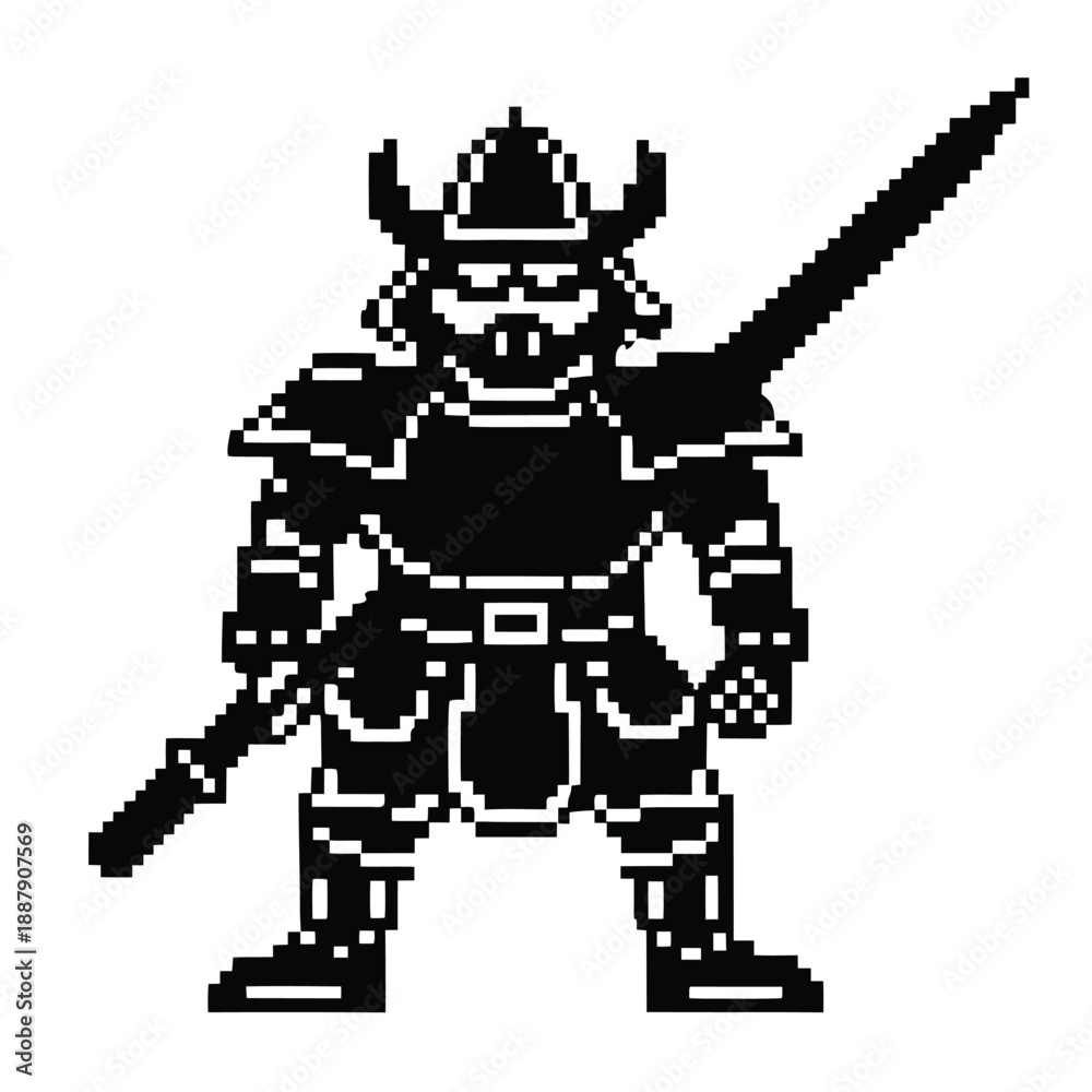 Obraz premium Pixel Art 1-Bit Armored Samurai Warrior with Katana