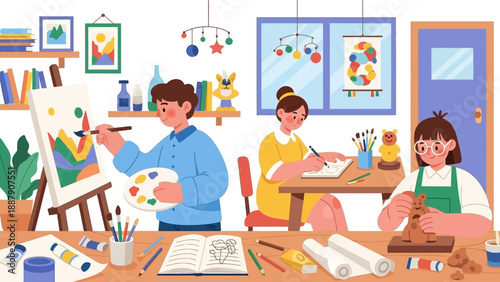 Children Painting in Art Class Together.