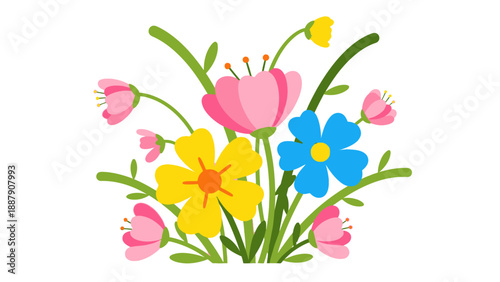 Colorful Cartoon Flowers and Leaves Illustration.