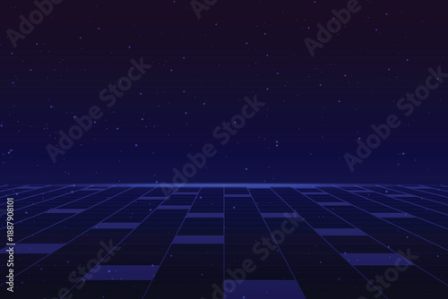 Retro sci-fi background, futuristic 80s grid landscape, cybernetically textured surface, 3D illustration.