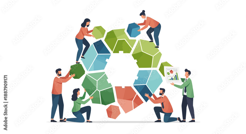 Naklejka premium Strategic Business Integration: Diverse Team Collaborating to Build a Unified Core Solution Structure