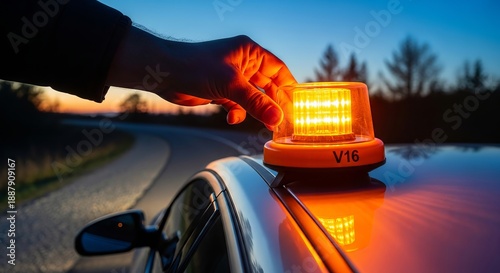 Police car with flashing light on a winding road at dusk with officer's hand visible