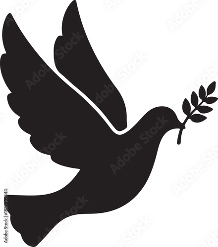 Silhouette of a flying dove carrying an olive branch symbolizing peace and hope