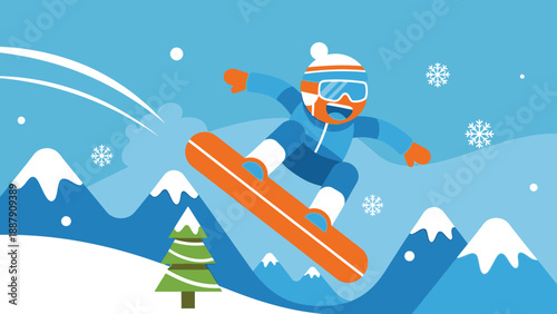 Man Snowboarding Down a Snowy Mountain.