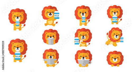 Cute Lion Cartoon Character Emoticons Set
