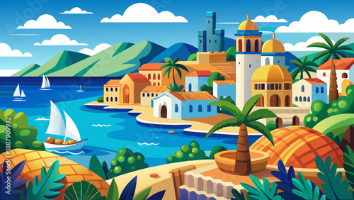 Very beautiful Nice coastal city overlooking the Mediterranean Sea with palm trees and blue water scenery, peaceful seaside nature, fresh French baguette isolated on white background.