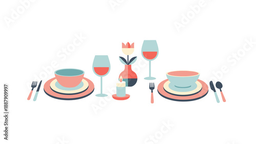 Table Setting with Dishes and Utensils Illustration.
