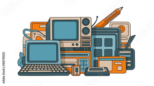 Vintage Computers and Office Supplies Illustration.