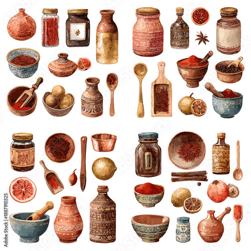 Rustic spice and pantry illustration with jars bowls seeds herbs and kitchen utensils. Traditional food storage and seasoning collection on light background.