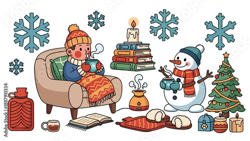 Woman Drinking Tea with Snowman and Christmas Tree.