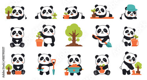 Cute Panda Characters with Gardening Theme