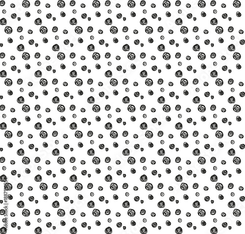 Seamless doodle pattern of black and white dots on a white background