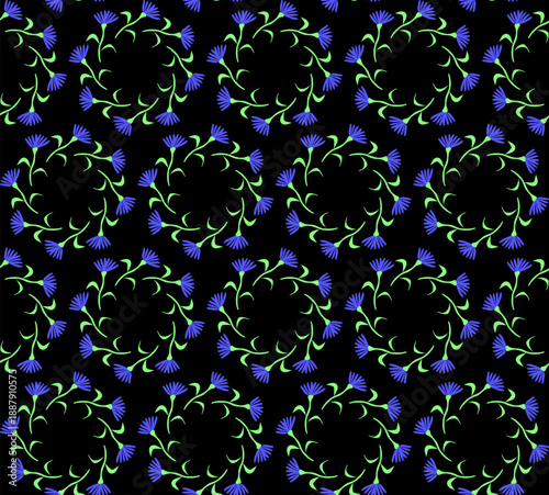 Floral seamless pattern with round wreaths of blue flowers on a black background