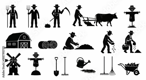 Minimalist village farming silhouettes in flat solid style. Clean black vector icons of traditional agricultural tasks for gardening apps and rural development projects