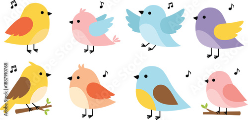 Cute cartoon birds singing with musical notes, colorful flat animal characters perfect for kids designs and stickers