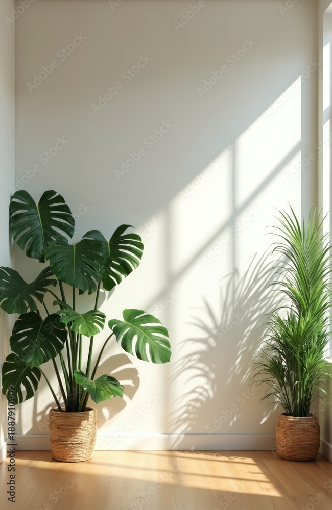 Fototapeta premium Two green houseplants sit in woven pots on light wood floor. White walls show sunlight patterns from window. Monstera, palm tree add natural decor to minimalist room. These plants bring life, style.