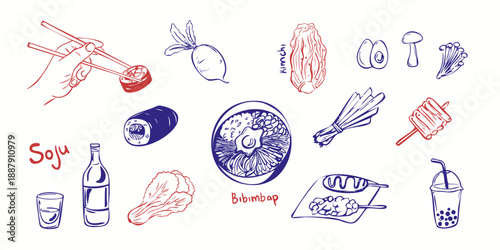 Hand drawn Korean food set with traditional dishes and ingredients including bibimbap, kimchi, soju, ramen, vegetables and street food. Doodle style vector illustration.
