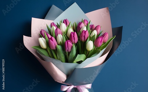 Bouquet of pink and white tulips wrapped in colorful paper