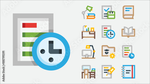 Homework and studying icons set