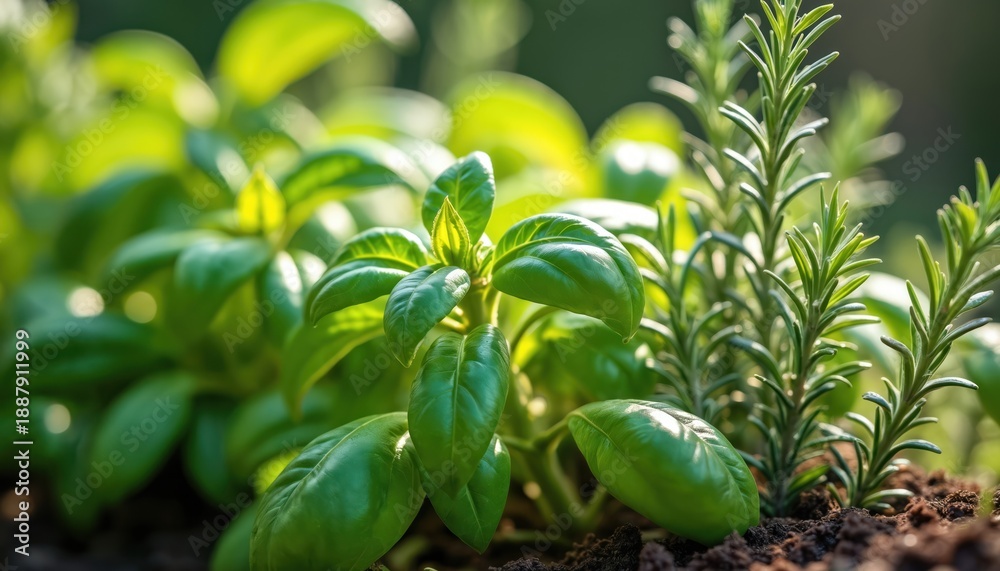 Fototapeta premium Fresh basil and rosemary plants grow in rich soil. Lush green foliage thrives in sunlight. Healthy herbs cultivated for culinary or wellness uses. Organic garden produce ready for harvest.