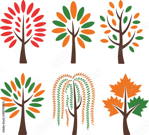 Colorful abstract tree icon set with autumn leaves, seasonal nature illustration collection for eco design, landscape decoration, environmental branding and fall concept.