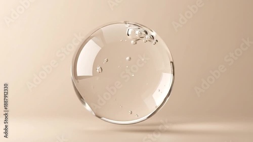 A transparent, spherical object with air bubbles floats against a neutral, beige-toned backdrop