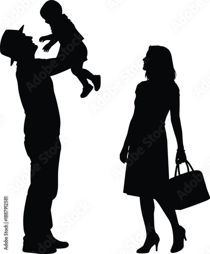 Black silhouette of happy family with father lifting toddler in air while mother stands by holding handbag in minimalist style on white background