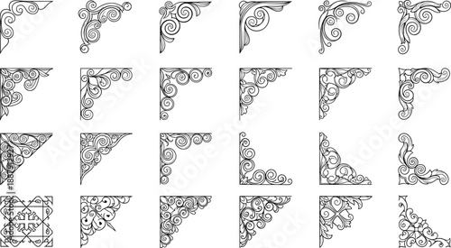 Collection of black vintage corner ornaments and floral filigree vector borders for elegant invitation designs, classical certificate frames, antique book decorations, and luxury wedding stationery.