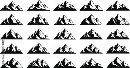 Mega collection of twenty five black vector mountain peak silhouettes featuring various rocky mountain range shapes for outdoor adventure logo design and nature landscape travel