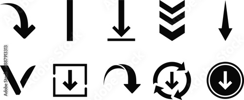 Set of ten black vector arrow icons and navigation symbols featuring downward pointers chevron shapes download indicators and curved refresh signs for web design