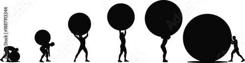 Silhouette of a person lifting and pushing increasingly large heavy spheres representing personal growth strength evolution overcoming massive obstacles and professional development stages